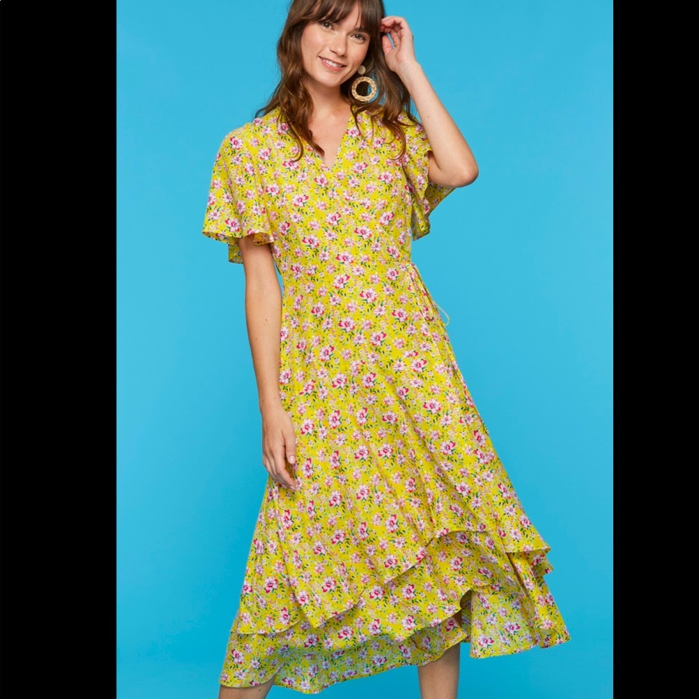 Roller Rabbit Yellow &Pink Floral Wrap Midi Dress
